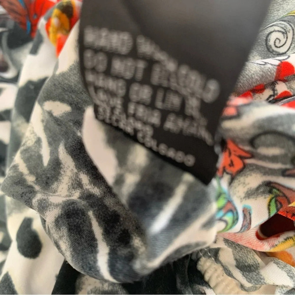 Kiss & Fly Strapless Jumpsuit Large Stretch Knit Colorful Mix Print Cinch Waist - Picture 9 of 12